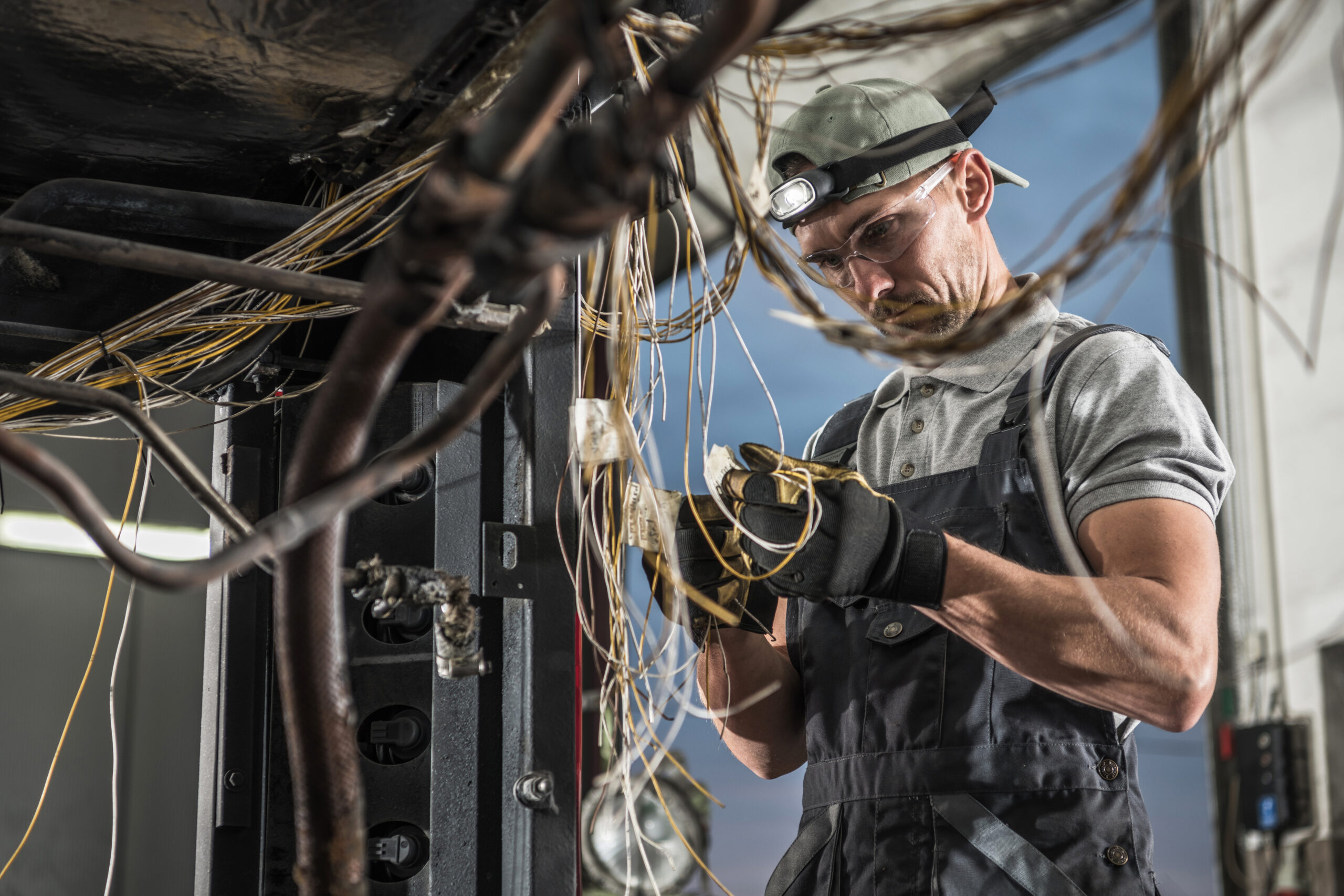 Transportation Industry Theme. Coach Bus Electric Installation Replacement by Caucasian Bus Electric Systems Technician in His 40s.