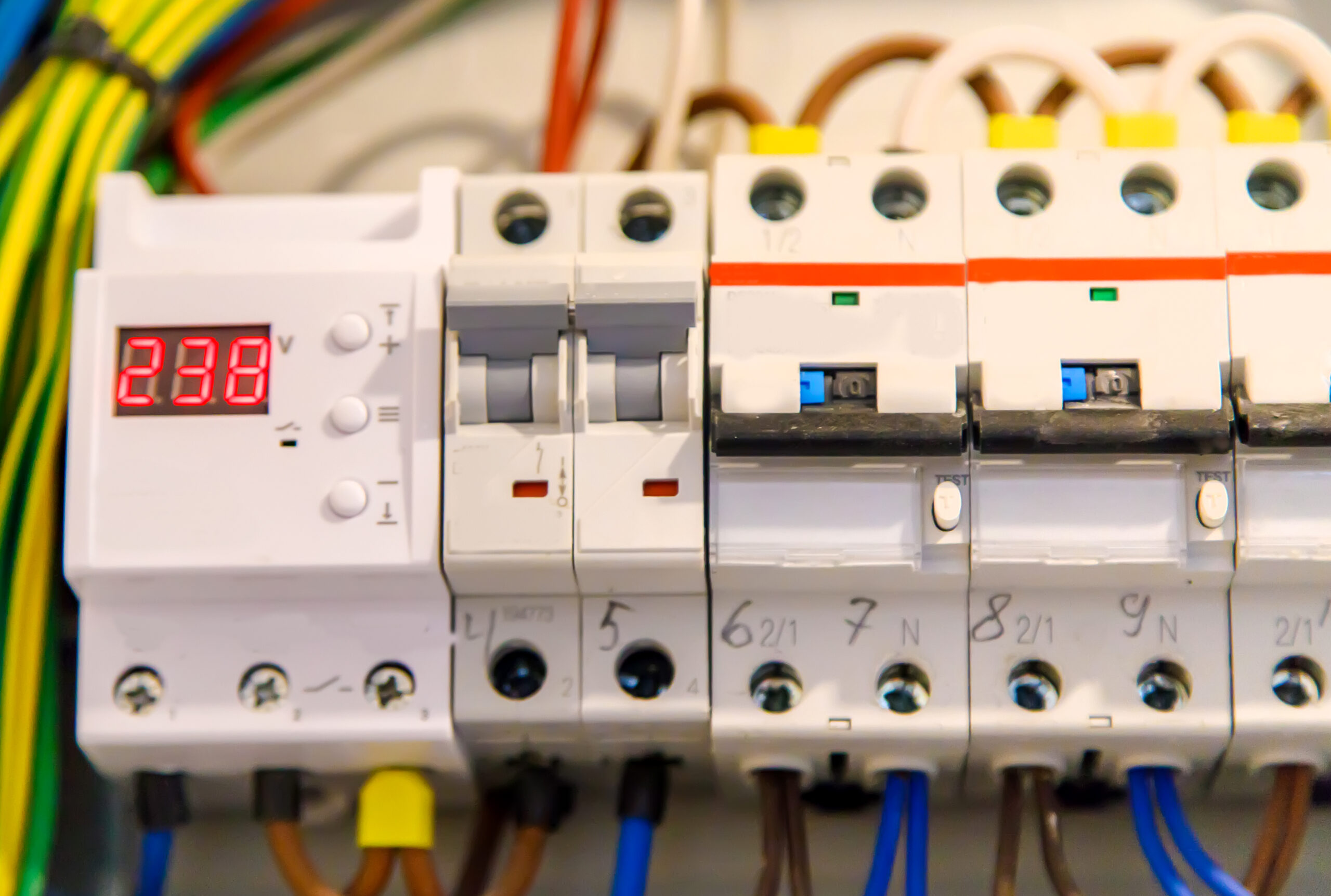 Electric panel in the house. Selective focus. White.